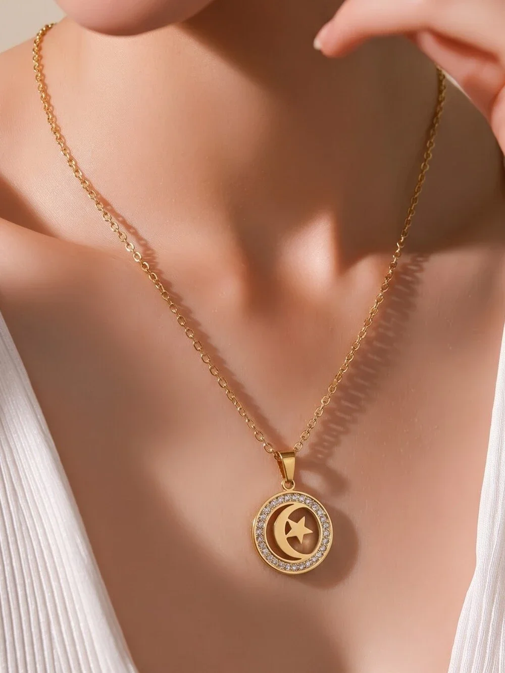 Celestial Moon Star Necklace Gold CZ Pendant 18K Gold Plated Stainless Steel